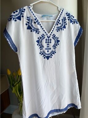 Swim Cover up or tunic - White with Blue Accents